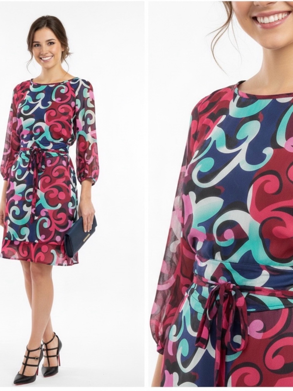 NWT DVF Silk Printed Shift Dress 3/4 Sleeve Crew Neck Eribec Size 0 Pock…